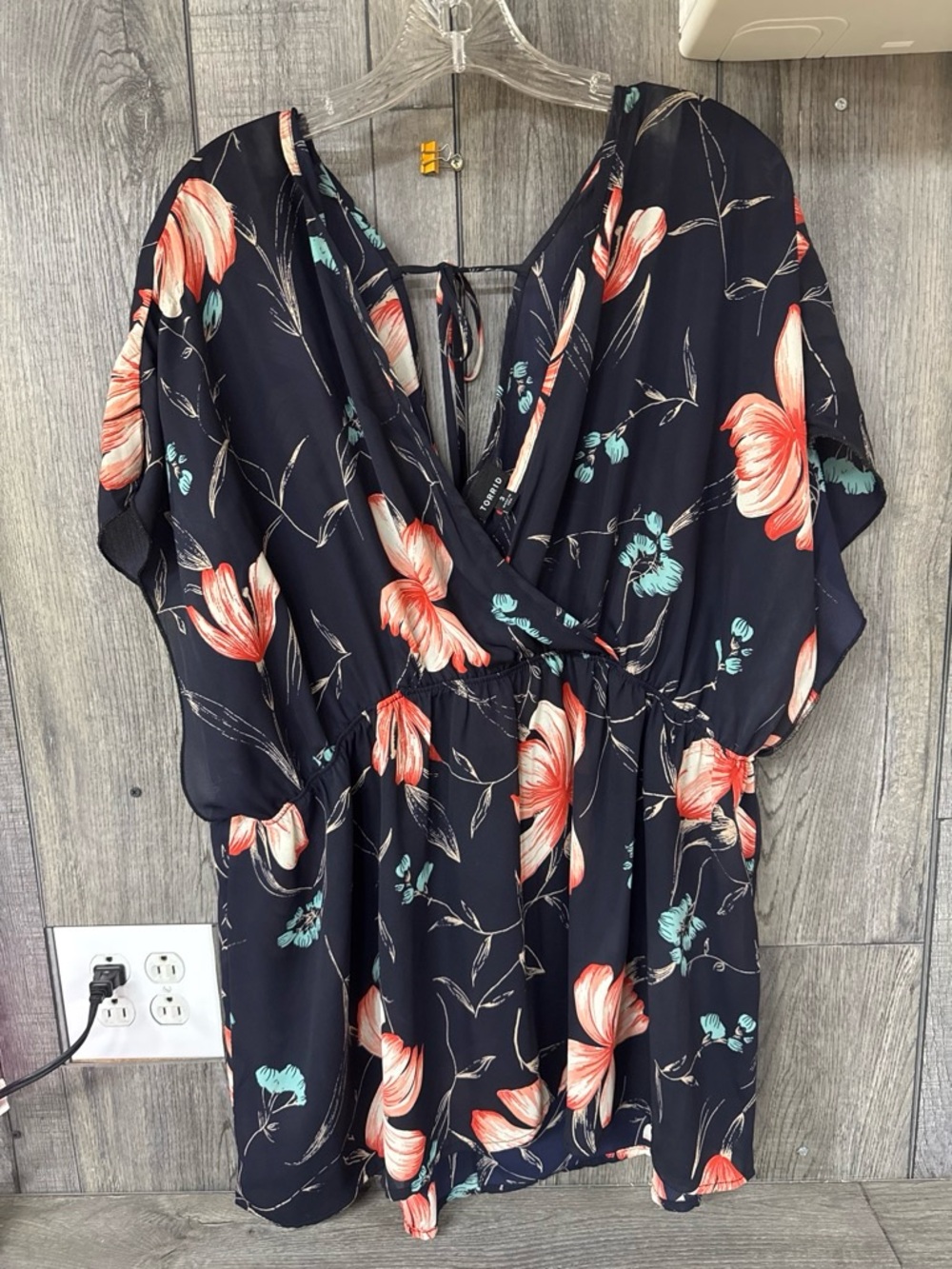 torrid Navy Floral Surplice Tie-Back Tunic with Coral & Teal Accents